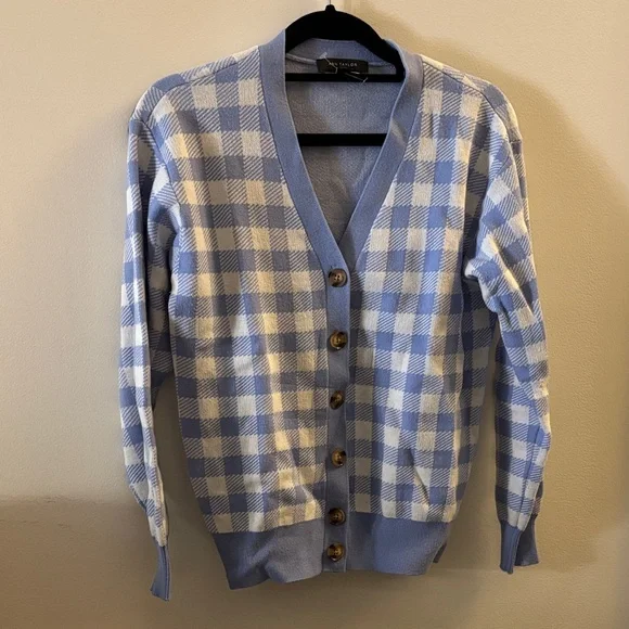Ann Taylor Blue and White Checkered Cardigan - Picture 1 of 4